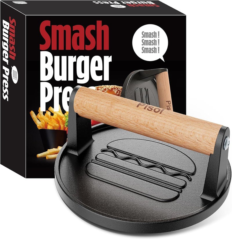Pisol Smash Burger Press, Pre-Seasoned Cast Iron Hamburger Smasher, 2 lb Heavy-Duty Grill Bacon Meat Press Tool with Wood Handle, 6.6” - Image 1